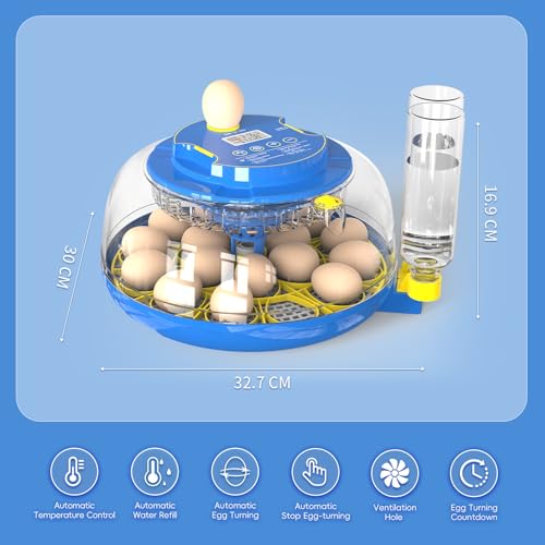 Incubators for Hatching Eggs Automatic Egg Incubator with Temperature Control Humidity Display 12 18 48 Egg Capacity for Chicken Duck Goose Eggs Digital Display Auto Turner 360° View (Blue, 18 Egg)
