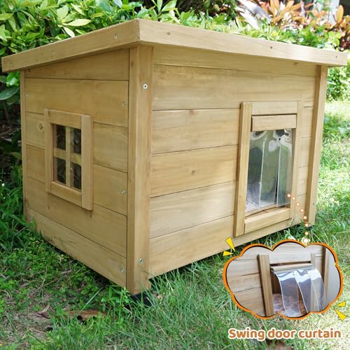 Agitree Outdoor Wooden Pet House, Weatherproof Winter Shelter for рuррy and Small Cats, Elevated Design with Window (Yellow, 22.56 * 17.71 * 16.73Inches)