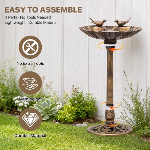 Athena Collection 31.5" Solar Powered Pedestal Bird Bath Fountain, Bronze | Detachable Solar Fountain Broad, 6 Spray Patterns, 5L Water Large Capacity，3 Ground Nails Included for Garden Yard Lawn - color: Bronze