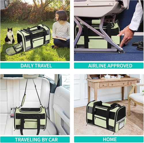 Soft Side Cat Carrier Airline Approved for Puppy Kitten Dog Carriers for Small Medium Cats Under 15lb, Collapsible TSA Approved Travel Pet Carrier, Green - color: Green