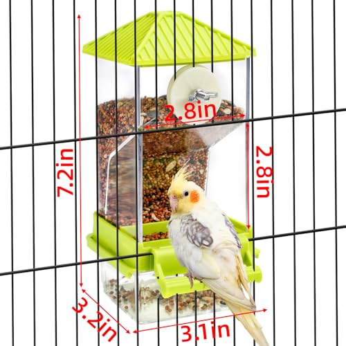 Rypet No-Mess Automatic Bird Feeder for Cage, Parrot Cage Accessories | Transparent Acrylic Food Dispenser, Helps Reduce Seed Scatter, for Parakeet Cockatiel Parrot Canary - color: Transparent A80 Green