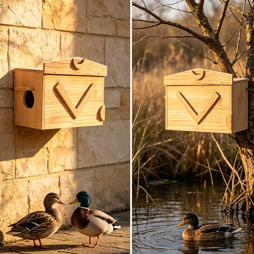 Handcrafted Solid Wood Duck House - Large Natural Outdoor Duck Nesting Box for Wood Ducks & Mergansers, Easy Pole Mounting Kit for Pond Wetland & Backyard