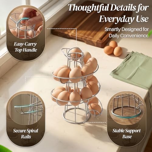 Flexzion Egg Skelter Modern Spiral Egg Holder Countertop (Medium Egg Display) - Freestanding Wired Countertop Egg Holder for Fresh Eggs, Dispenser Stand, Storage Rack for Kitchen, Silver | Wire Chicken Egg Basket and Rotating Skelter Rack for Fresh Egg St