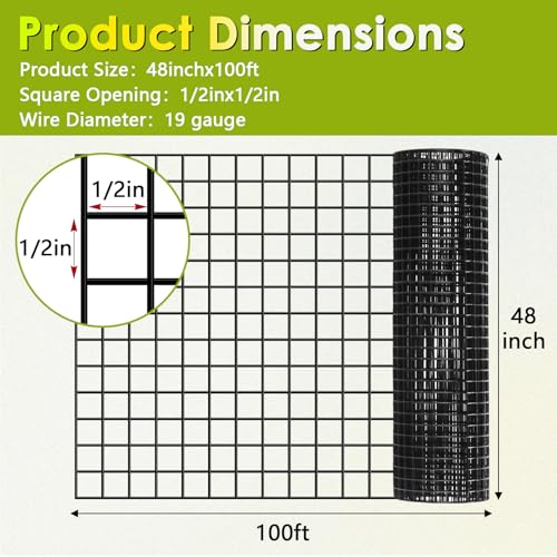 Gbekery Black Hardware Cloth 1/2inch 48in x 100ft 19 Gauge, PVC Coated Galvanized Steel Chicken Wire Fence Roll Garden Plant Welded Metal Wire Fencing Roll, Rabbit Cages Snake Fence, Black - color: Black, size: 1/2 inch 48in x 100ft