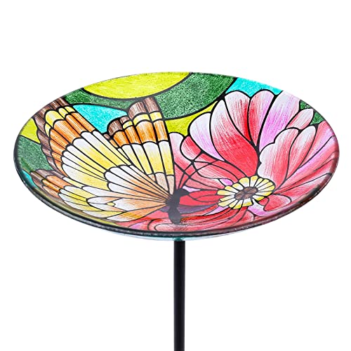 Glass Bird Baths for Outdoors, Feeder Birdbath Bowl for Garden Decor | 25 Inch Height Glass Bird Bath for Outside, Butterfly Birdbaths Bowl with Metal Stake, Bird Feeders for Patio, Lawn Decor - color: Butterfly
