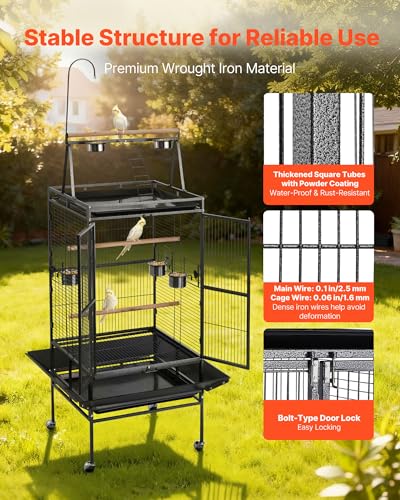 VEVOR Bird Cage, 32.7 x 31.1 x 82.7 inch, Open Flat Top, Wrought Iron Bird Flight Cage with Perches, Slide-Out Tray, Plastic Feeders, for Cockatiel, Monk Parakeet, Amazon Parrot, African Grey Parrot - size: 32.7"L x 31.1"W x 82.7"H