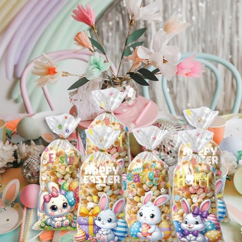 BASEMMAHER 50 Pieces Easter Candy Gift Packaging Bags Spring Bunny Egg Flowers Cellophane Treat Bags Goodies Cookies Gift Wrappings Bags for Easter Holiday Birthday Party Favors Supplies