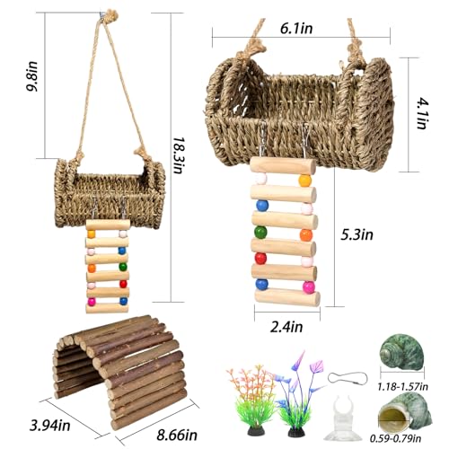 Hermit Crab Hideout with Ladder, Lizard Climbing Toys, Hermit Crab Hut with Aquarium Plants, Reptile Habitat for Gecko Hamsters Rats Birds
