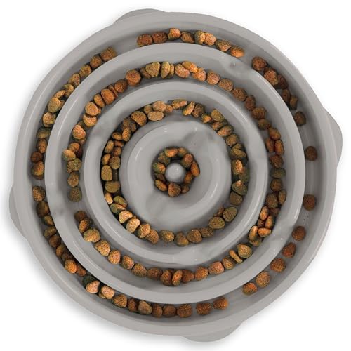 Outward Hound Fun Feeder Slo Bowl – Large 4‑Cup Capacity, Slow Feeding, Medium to Large Dogs, Non‑Slip, Gray, Drop Pattern, 11.75" - color: Gray, size: Large