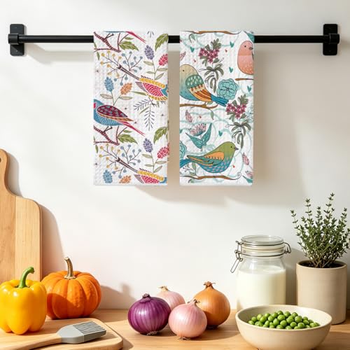 Jztco 2 Pcs Vintage Bird Kitchen Towels, Spring Flower Seamless Hand Towels | Absorbent Microfiber Dish Cloth Tea Towel for Kitchen Bathroom Decor, Home Gifts for Women 24x14 Inch - color: Multi 1383