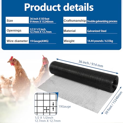 Black Hardware Cloth 1/2 inch 19Ga PVC Coated Wire Mesh Vinyl Coated Fence Welded Metal Chicken Wire Fencing Roll (1/2 inch 36in x 50ft)