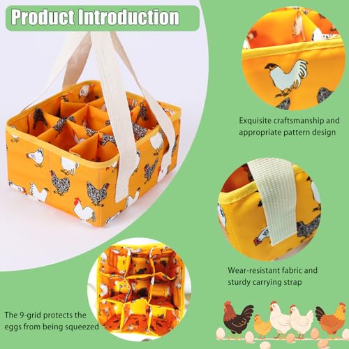 Eggs Collecting Basket, Durable Canvas Egg Basket with Plastic Board, 9-Pouch Chicken Egg Holder Bag for Gathering Fresh Eggs, Egg Gathering Basket and Multipurpose Chicken Holder Bag (Yellow)