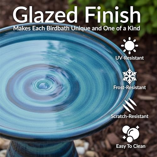 Sunnydaze Ceramic Bird Bath for Outside, Hand-Painted, 21” H, Galaxy Blue | UV & Frost-Resistant, 1 Gal Water Capacity, 2-Piece Assembly, Colorful Outdoor Accent, Outdoor Bird Bath, Ceramic Birdbath - color: Galaxy Blue