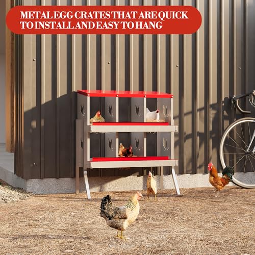 Galvanized Steel Chicken Nesting Box 6 Grids, Metal Egg Laying Boxes for Hens with Hinged Lid and Ventilated Design, Easy Clean Poultry Nest Box for Chicken Coop Accessories, Red, with Legs - color: Red, size: 6 Holes with Legs
