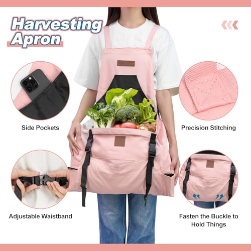 Berry&Bird Harvest Apron, Canvas Gardening Apron with Pockets and Harvesting Pouch Waterproof Harvesting Apron - color: Pink