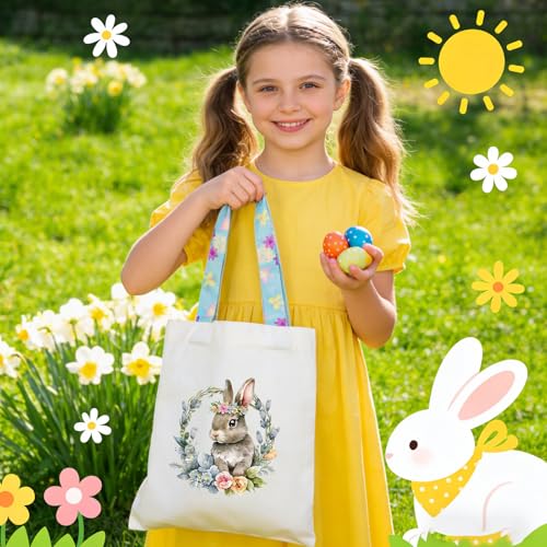 Easter Basket Bunny Canvas Tote Bag, 12.2x11 Inches, Natural Canvas, Hand-Carry, for Gift and Easter Egg Collection - color: A-bunny