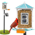 Onlyfly Metal Bird Feeder with Camera and 74.5 Inch Pole - Smart Camera Bird Feeder Solar Powered with 2k Live Stream for Backyard, Ai Identify Auto Capture Videos, Gifts for Birdlover Mom Dad - color: Light blue