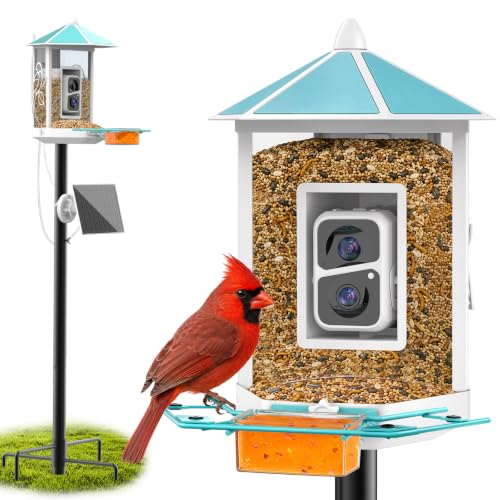 Onlyfly Metal Bird Feeder with Camera and 74.5 Inch Pole - Smart Camera Bird Feeder Solar Powered with 2k Live Stream for Backyard, Ai Identify Auto Capture Videos, Gifts for Birdlover Mom Dad - color: Light blue