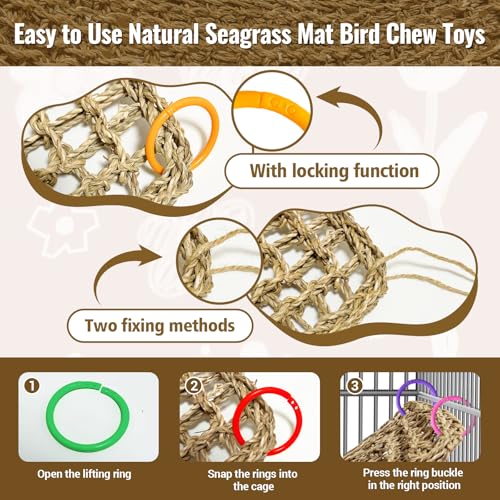 2Pcs 29.5 x 7 inches Large Bird Seagrass Mat Grass Woven Net Parrot Hammock Mat Parakeet Climbing Rope Ladder with Hooks Bird Cage Accessories for Conure Cockatiel Budgie Macaw Bearded Dragon