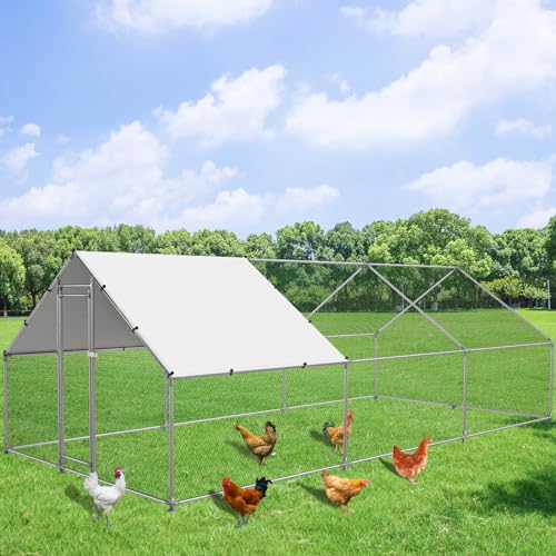 NUGRIART Large Metal Chicken Coop Walk-in Poultry Cage Hen Duck Run House with Waterproof & Anti-UV Cover Galvanized Rabbits Habitat Spire Shaped Cage for Outdoor Yard Farm Use - size: 19.7' L x 9.8' W x 6.56' H