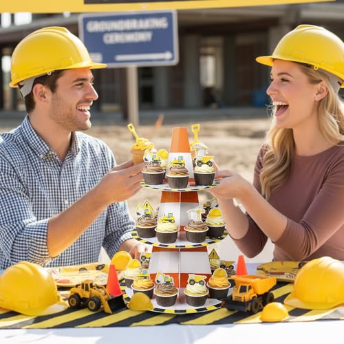 3 Tier Construction Theme Cupcake Stand Decoration Truck Birthday Party Cupcake Tower Dump Truck Car Dessert Holder for Construction Baby Shower Birthday Party Supplies - style: Construction