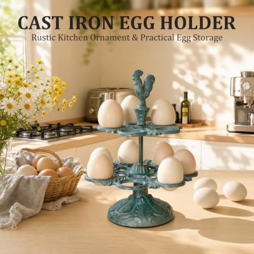 Cast Iron Egg Holder Countertop -12 Eggs Storage Display Rack(Patina Green) | Heavy Duty Egg Holder for Kitchen Dinning Decor & Easter Eggs Display, Retro Egg Rack - color: Patina Green