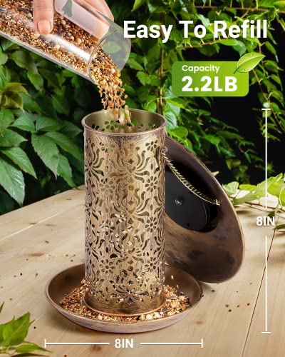 SWEETFULL Solar Bird Feeder for Outdoors Hanging, Metal Wild Bird Feeder for Cardinals Solar Garden Lantern with S Hook as Gift Ideas for Bird Lovers (2LBs Heavy Duty Weather Resistance birdfeeders) - size: 8"x8"