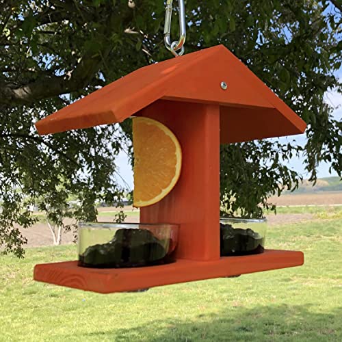Double Fruit and Jelly Bird Feeder | Wood Roof Keeps Food Dry - 2 Prongs for Orange Halves - 2 Glass Jelly Cups, Sold Separately