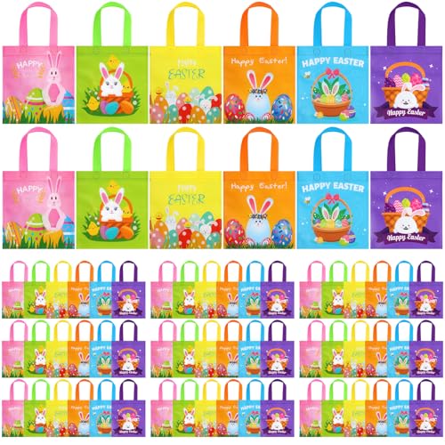 Sweetude 180 Pcs Easter Tote Bags Bulk Easter Gift Treat Bags with Handles Reusable Non Woven Bunny Rabbit Egg Goodie Party Favor Packages for Party Supplies