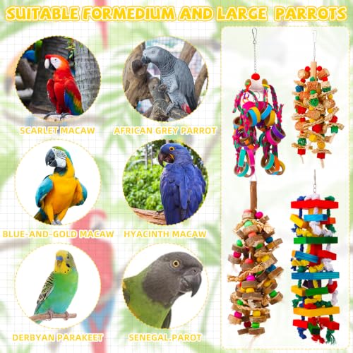 Soulchen 4 Pcs Extra Large Bird Parrot Toy Set Natural Wooden Chewing Toy, Rattan Ball, Wood Nut Loofah String (Bagged) for Large Medium Macaws, African Grey, Parrots (Wooden Block) - style: Wooden Block