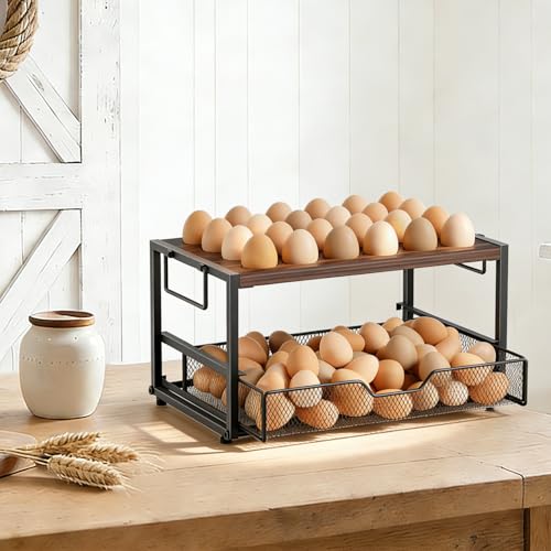 Compact 2-Tier Wooden Egg Holder with Basket, Holds 84+ Eggs | Wooden 2-tier egg holder with basket & carry handle , holds 24+60 chicken, duck & quail eggs - size: 2 Tiers