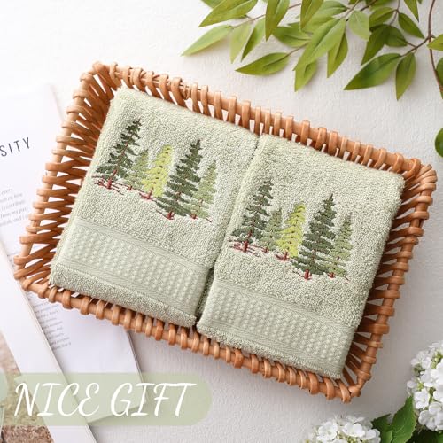 SmoothNovelty 2 Pcs Forest Hand Towels Gray Green Bathroom Decor 14x29 Inch | Embroidered Bathroom Hand Towels, 100% Cotton, Soft Absorbent, Green Tree Bathroom Kitchen Decor - style: Forest
