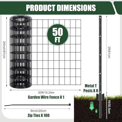 109 Pcs Black PVC Coated Wire Fence 2 x 50 ft, 2 x 3 Inch 16ga, Garden Fencing Roll and 3 ft Metal Fence Garden Fences T Posts and 8 in Zip Ties Cable Ties for Lawn Poultry Plant
