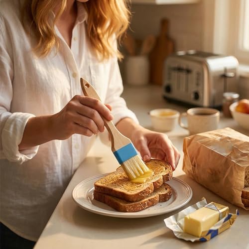 2 PCS 1.5 Inch Natural Bristle Pastry Brush, Pastry Basting Brush Heat Resistant Wooden Handle Butter Brush, Basting Brush for Cooking, BBQ, Baking, Egg Wash, Oil, Blue