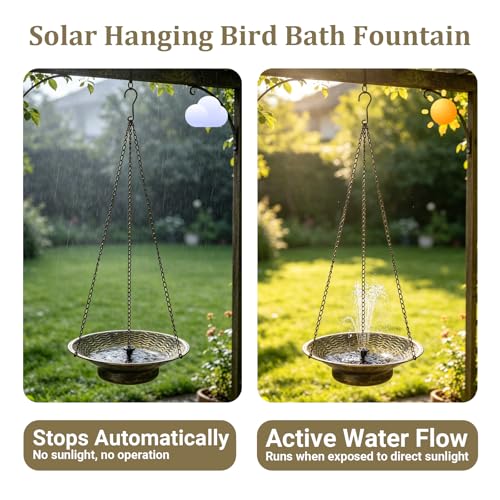 12.6" Hanging Solar Bird Bath Metal for Outside Gold | Hanging Bird Bath with Solar Fountain, Hanging Birdbath Bubbler for Outdoors Backyard Patio Garden Decor - color: Gold