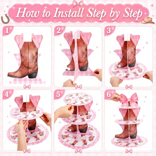 3 Tier Western Cowgirl Cupcake Stand Decoration Pink Bow Cupcake Tower Cowgirl Boots Hat Table Decoration Dessert Holder Table Display for Western Birthday Bachelorette Baby Shower Supplies - style: Cowgirl