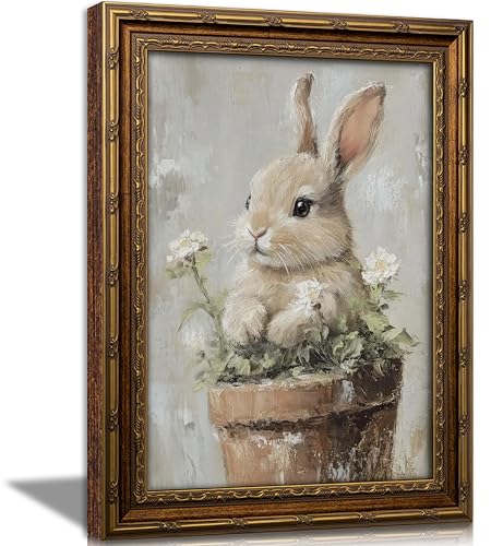 Vintage Gold Framed Easter Bunny Wall Art Floral Rabbit Cottagecore Oil Painting Canvas Prints Spring Flower Botanical Picture Poster Rustic Farmhouse Nursery Animal Artwork for Living Room Bedroom - color: Bunny, size: 16"L x 12"W