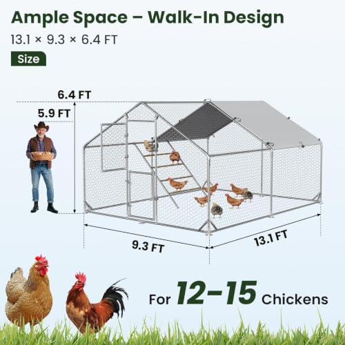 4ever2buy Metal Chicken Coop Run with Climbing Ladder 10x13 FT | Walk-in Chicken Run Pen Poultry Cage, Chicken Coop with Water-Resistant Anti-UV Cover, Large Chicken Coop for 12-15 Chickens