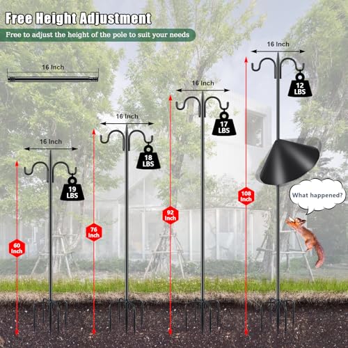 Gtongoko Squirrel Proof Bird Feeder Pole, 108 Inch Double Shepherds Hook with 19 Inch Squirrel Baffle, Heavy Duty Adjustable Outdoor Bird Feeder Stand with 5-Prong Base for Garden, Plants, Black - size: 108 Inch Pole & Baffle