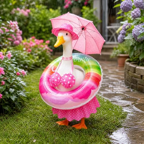 Bikini Porch Goose Outfits - 23" Lawn Goose Statue Pink Summer Costume with Hat, Swim Ring & Parasol - Hawaiian Pink Polka Dot Geese Clothes for Outdoor Patio Yard Decoration - style: Pink dots