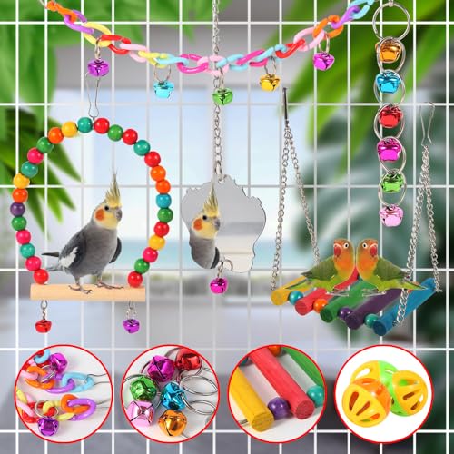 YIXUND Bird Toys for Parakeets, Parrots, Conures, Cockatiels, Love Birds, Finches, Mynah, Budgerigar - 9Pcs Wooden Ladder Bridge, Swing, Hammock, Cage Accessories