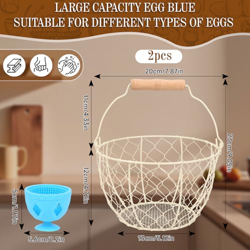 2 Pcs Egg Basket With Handle,Wire Egg Basket for Gathering Fresh Eggs, Round Egg Collecting Basket for Farm,Vintage Style Chicken and Duck Eggs Basket Egg Countertop Storage Container Holder ﻿(White) - color: white