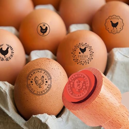 AHANDMAKER 5 Styles Fresh Egg Stamp Mini Round Cartoon Hen and Rice Straw Stamps Wooden Egg Stamp Decorative Hen Label Stamps for Egg Famers and Owners, Farm Supplies Card Making(No Ink Include) - style: Hen