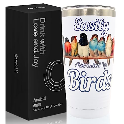 Onebttl Bird Watching Tumbler for Lovers & Watchers, 20oz Stainless Steel Insulated With Lid & Straw, Gift Card & Box Included, Birthday Gift - 360 White - color: White-Easily distracted by birds