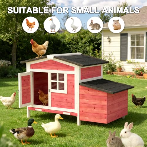 GOJOOASIS Chicken Coop w/Nesting Box Outdoor Wooden Raised Hen House | Small Chicken House for 2 Chickens, Poultry Cage with Removable Tray, Ramp, Backyard Coop with Window, Red - size: F