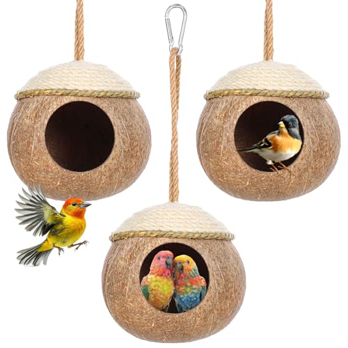 3 Pcs Natural Coconut Bird Hide Nest Hut for Cage with Woven Straw Bird Parakeet Coconut Fiber Hanging Birdhouse Cage Habitats Decor for Parrot Cockatiel Lovebird Finch Squirrel Hamster