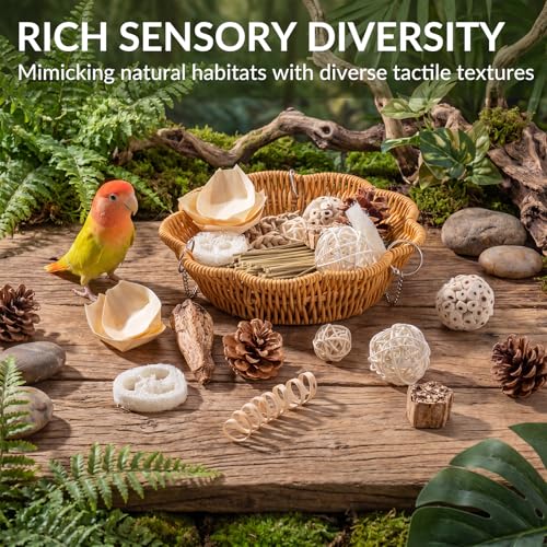 26PCS Bird Foraging Toys Set with Hanging Rattan Basket, Natural Shreddable Chew Toys, Relieve Boredom, for Parakeets, Budgies, Cockatiels, Conures, Lovebirds, Small Medium Parrots