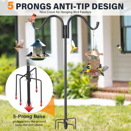 【Upgraded Stability】62 Inch Double Shepherds Hook for Outdoor, Heavy Duty Adjustable Bird Feeder Pole with 5 Prongs Base, Multi-Hook Stand for Bird House, Wind Chime, Hummingbird Feeder & Plants - size: 62"
