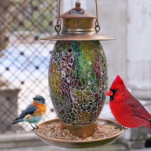 Bird Feeder for Outdoor Hanging Stained Glass Solar Light, Gold | Waterproof Lantern Shape Mosaic Glass with Hook, Garden Decor Unique Gifts for Mom, Women, Grandma, Bird Lovers