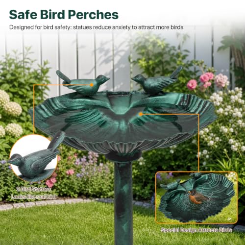 Athena Collection 31.5" Solar Powered Pedestal Bird Bath Fountain, Green | Detachable Solar Fountain Broad, 6 Spray Patterns, 5L Water Large Capacity，3 Ground Nails Included for Garden Yard Lawn - color: Green